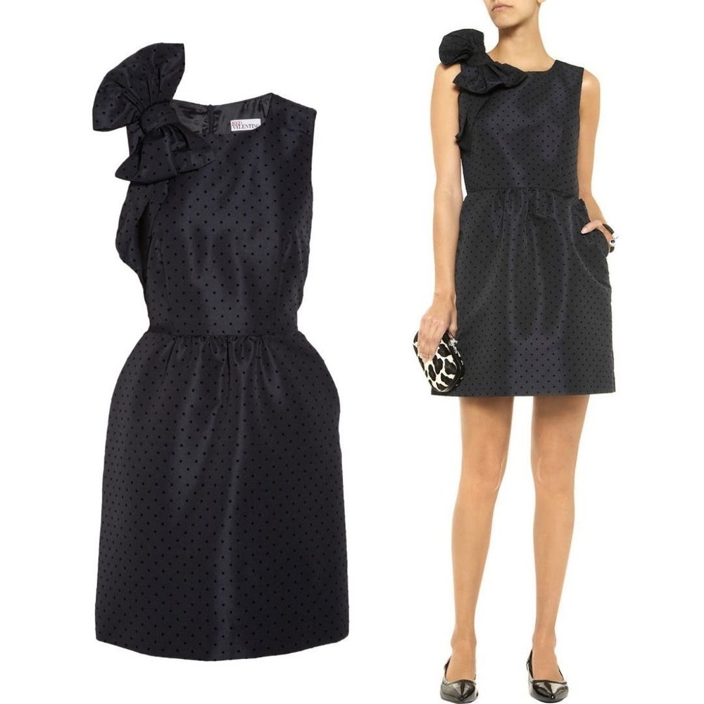 RED Valentino Bow Embellished Polka Dot Sleeveless A-Line Mini Dress  Navy 8 / M